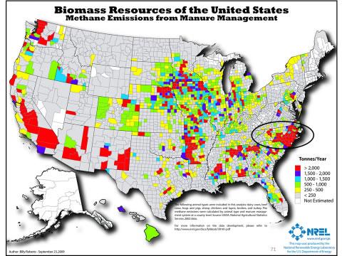 Biomass resource of the United States, methane emissions from manure management map