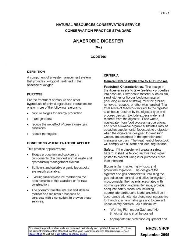 page 1 of the conservation practice standard for anaerobic digester (366)