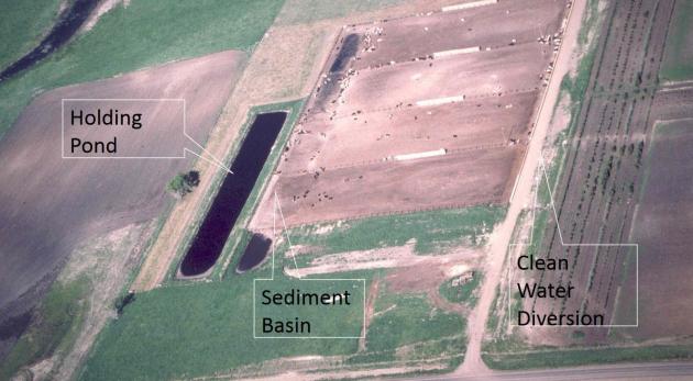 aerial view of feedlot with sediment basin and holding pond labelled