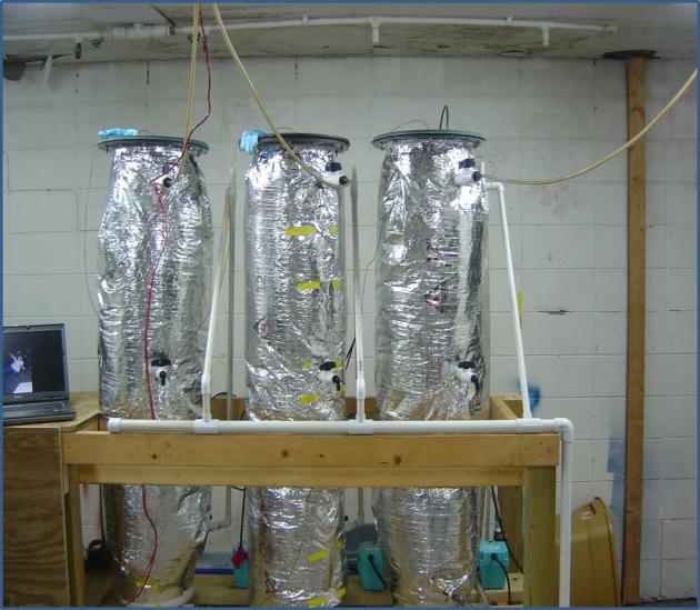 Lab scale anaerobic digesters constructed from PVC pipe used to evaluate co-digestion of manure with onion waste