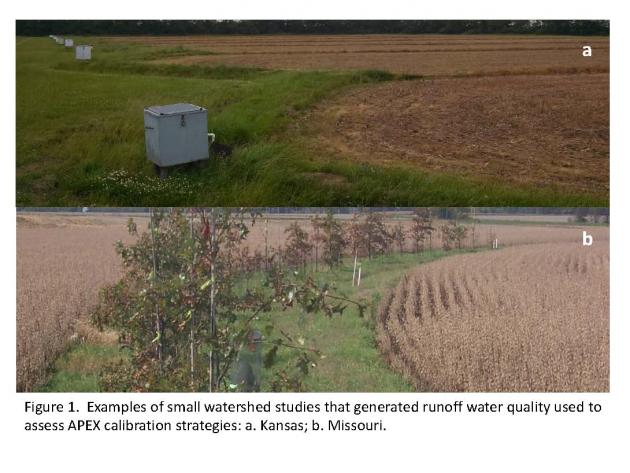 Figure 1. Examples of small watershed studies that generated runoff water quality used to assess APEX calibration strategies: a.Kansas; b. Missouri.