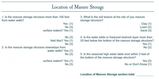 screenshot of a utah state university worksheet on assessing risks related to manure storage