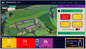 Figure 3. A different user choice for manure storage type on the Adventure Dairy interface. Total GHG emissions decrease by 14% because of the switch from an uncovered to a covered anaerobic lagoon because of reduced volatilization of methane. 