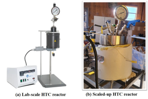 Fig. 1. Scale-up of the hydrothermal carbonization (HTC) reactor from lab-scale to bench-scale. (a) Lab-scale HTC reactor with a 300 mL capacity, used for small-batch experiments. (b) Scaled-up bench-scale HTC reactor with a 9 L capacity. 