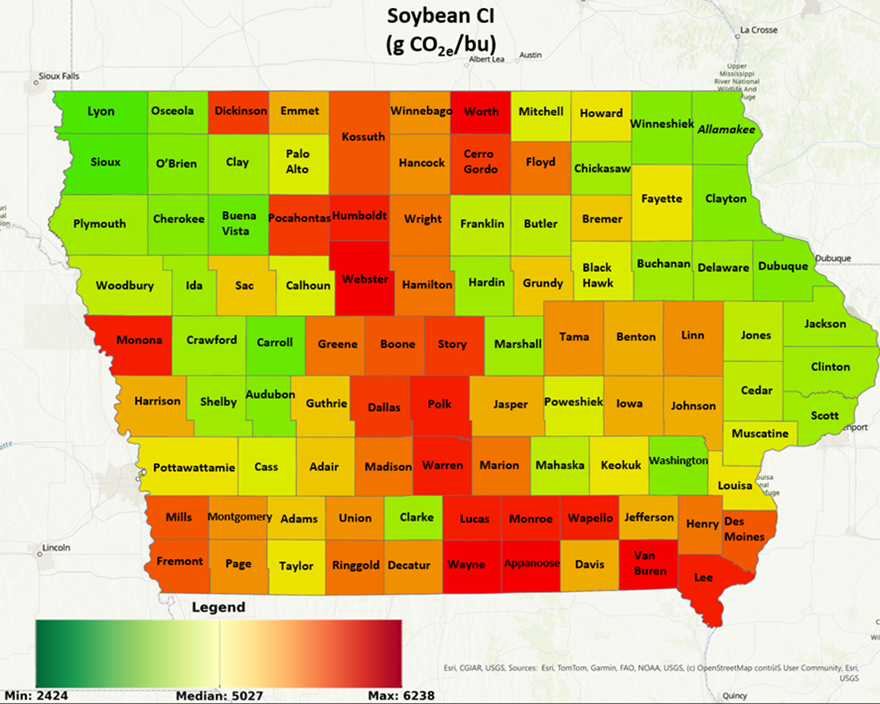Figure 2: Soybean Carbon Intensity by County in Iowa