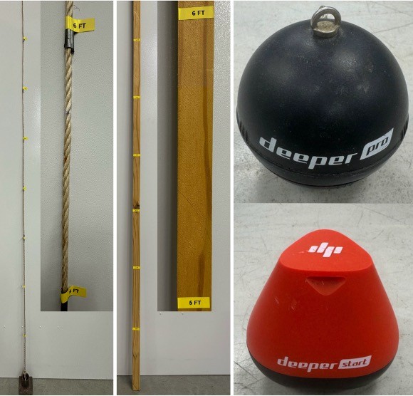 Fig. 3. Liquid depth measurement devices applied: disk on a rope (left), wood stick with depth markings (middle), and two types of commercial sonar balls (right).