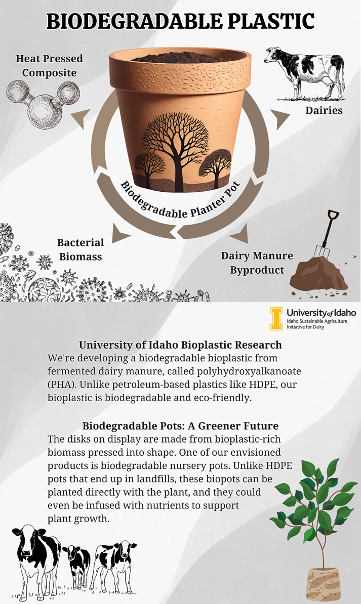 This informational card was used to share information with dairy producers about biodegradable plastic made from dairy manure.