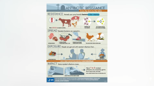 Infographic titled “Antibiotic Resistance: from the farm to the table” by the CDC.Resistance section: Shows cows, pigs, and chickens carrying bacteria in their intestines. When animals are given antibiotics, most bacteria die, but resistant bacteria survive and multiply. Spread section: Illustrations of meat, produce, and a person preparing food. Resistant bacteria can spread through animal products, contaminated soil or water, contaminated surfaces, and animal feces. Exposure section: People eating food and working on farms. People can get sick with resistant infections from contaminated food or environments. Impact section: Images of a person with mild illness, another with severe illness in bed, and text noting that about 1 in 5 resistant infections are caused by germs from food and animals.